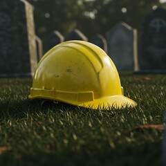A yellow hard hat rests in a graveyard, symbolizing the solemn reflection on workplace safety and the potential consequences of neglecting it in industrial environments