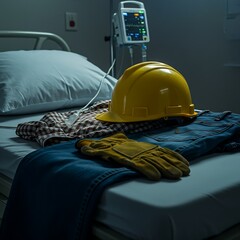 A poignant scene featuring a yellow helmet, clothing, and gloves on a hospital bed evokes the risks associated with industrial work, reminding us of safety's importance