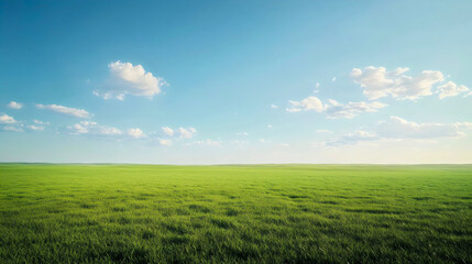 Obraz premium A vast green plain stretching to the horizon under a clear blue sky, with soft shadows from scattered clouds. 