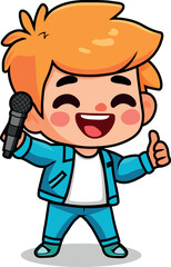 Ilustración animada, caricatura de Niño cantando feliz con micrófono