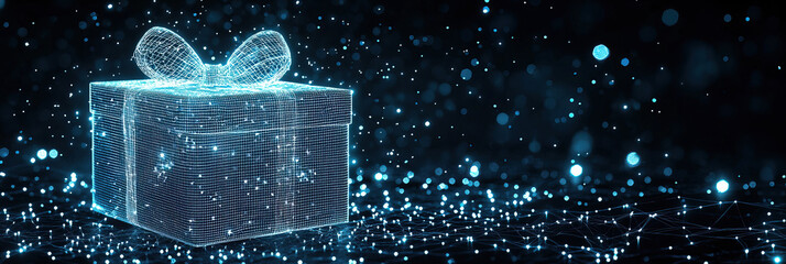 Futuristic Digital Gift Box Made of Glowing Blue Wireframe with Sparkling Particles in a Cybernetic Space