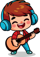 Ilustración animada, caricatura de Niño cantando feliz con guitarra