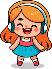 Ilustración animada, caricatura de Niña cantando feliz con audífonos 