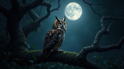 Majestic Nocturnal Owl Perched Under Moonlight