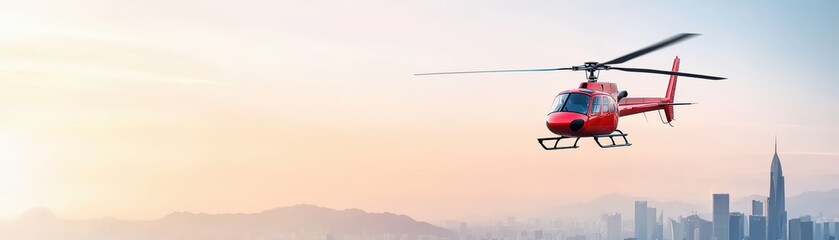 Fototapeta premium Helicopter Landing on Skyscraper Helipad at Sunset Over City Skyline with Beautiful Background