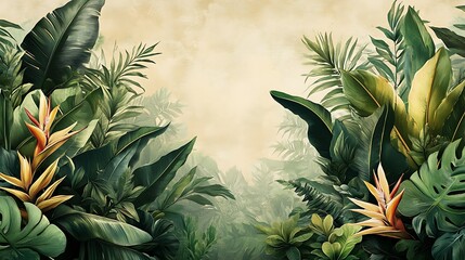 Tropical Foliage with Bird of Paradise Flowers, Tropical foliage with bird of paradise flowers on a beige background