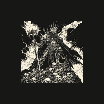 mighty executioner standing on a pile of skulls design vector template illustration
