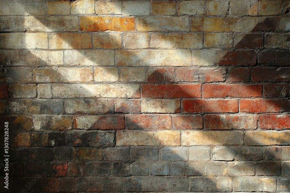 Poster a textured brick wall with diagonal sunlight creating shadows and highlighting the various brick col
