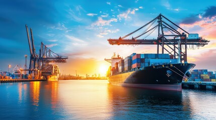 Obraz premium Vibrant Sunset at Industrial Port with Cargo Ships and Cranes Against Colorful Sky