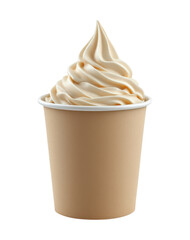 Creamy Vanilla Soft Serve Ice Cream with Perfect Swirl Top in Eco-Friendly Kraft Paper Cup Isolated on Transparent and White Background