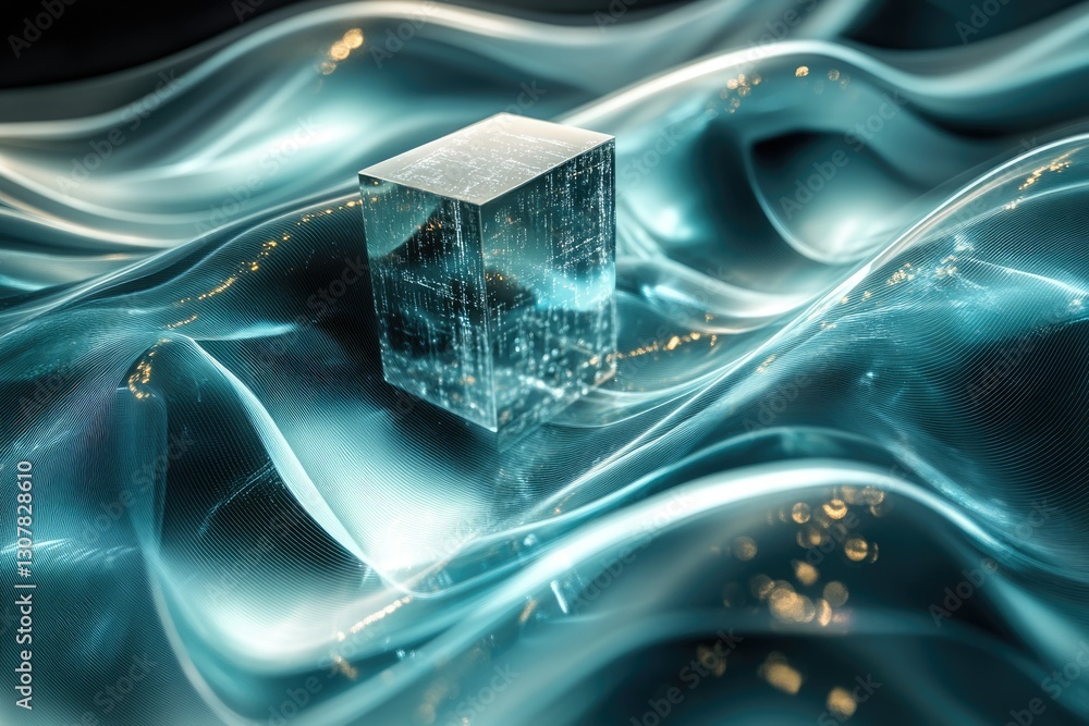 Aufkleber a translucent cube rests on a flowing, teal digital landscape, symbolizing data storage or processin