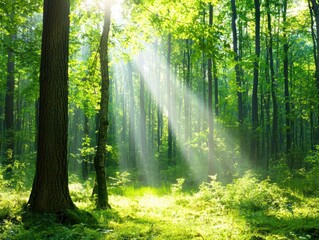 Obraz premium Sun Rays Filtering Through Lush Green Forest Illuminating Nature's Vibrant Beauty