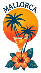 Mallorca Cocktail Design mit Sonnenuntergang und Palmen-Motiv

