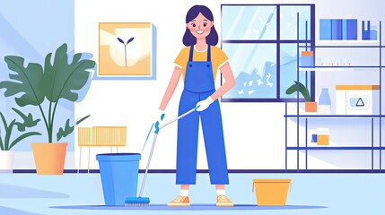 Smiling Cleaner Scrubbing Floor: A Cheerful Cleaning Illustration