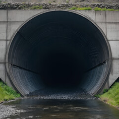 Dark underground sewer round concrete tunnel. Industrial wastewater and urban sewage flowing throw sewer pipe