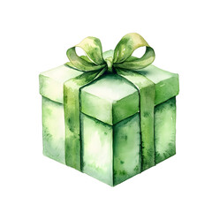 Watercolor Gift Box with Green Ribbon, Ideal for Greeting Cards or Printables