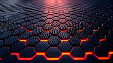 Naklejka premium Abstract Close-Up Hexagonal Tiles with Orange Glow, Dark Surface, Futuristic