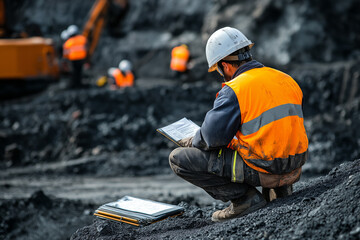 Miners wearing white fall protection helmets, signing safety control permit to work and isolation lock box before starting work at an open field construction site.
