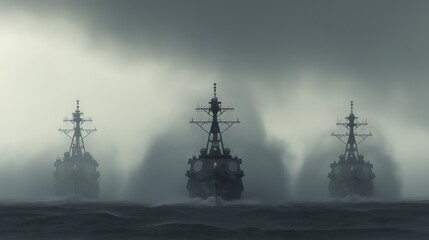 Warships from the USA fleet are seen pushing through turbulent ocean waters. Dark clouds loom overhead, creating a tense atmosphere as they face an impending maritime crisis