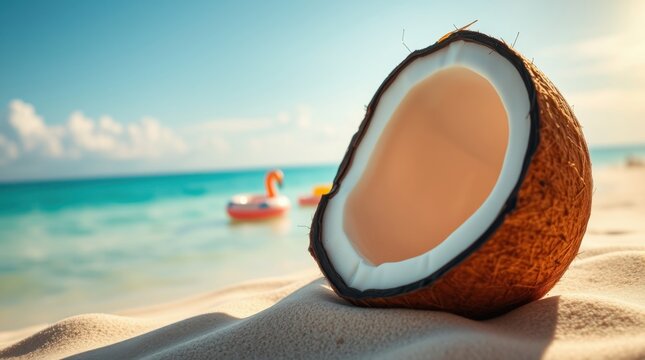 Relaxation by the beach with a fresh coconut inviting summer vibes on a sunny day