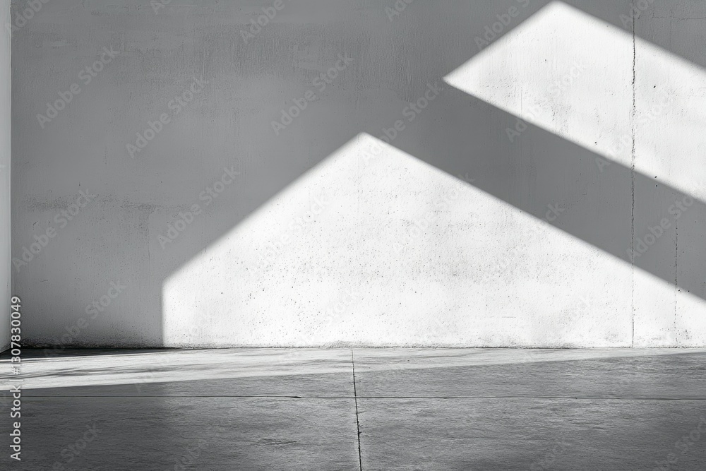 Poster minimalist concrete room with sunlight casting angular shadows on the wall and floor.