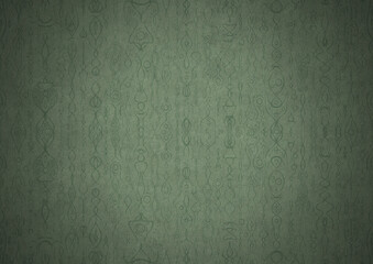 Hand-drawn unique abstract symmetrical seamless ornament. Dark semi transparent green on a light warm green with vignette of a darker background color. Paper texture. A4. (pattern: p14a)