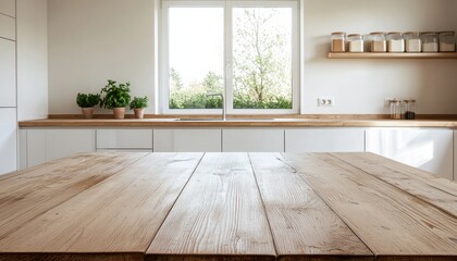 Empty wooden table in a modern scandinavian kitchen
