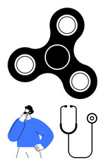 Fidget spinner, pensive man, and stethoscope symbolizing focus, decision-making, health, productivity, relaxation, mental clarity and mindfulness. Ideal for stress wellness or lifestyle concepts