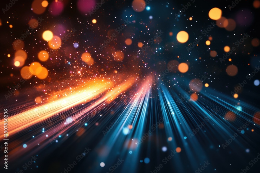 Poster abstract cosmic background with vibrant light streaks and bokeh effects, creating a dynamic and ener