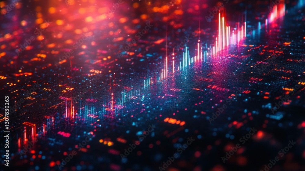 Poster abstract data visualization with glowing red and blue lights on a digital grid