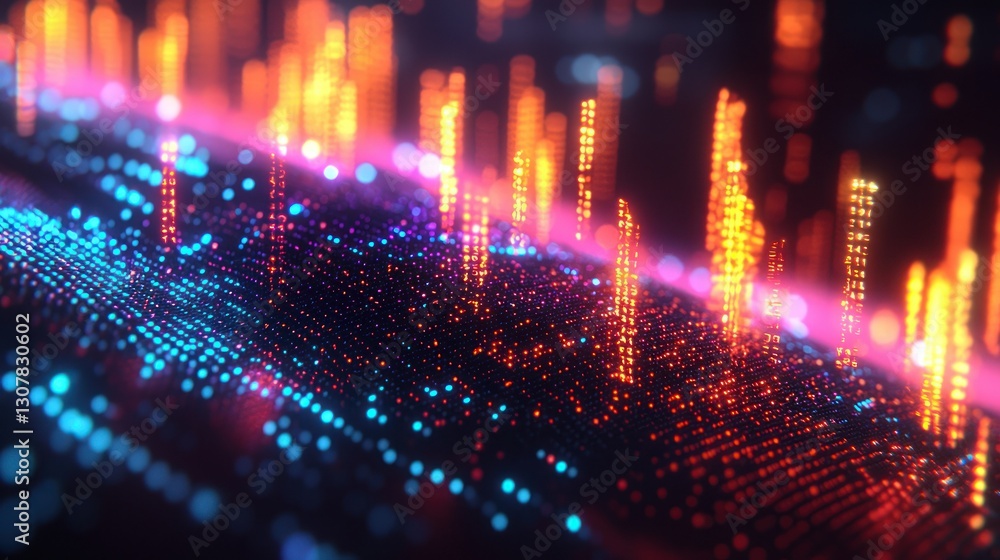 Poster abstract data visualization glowing lights on digital surface, blurred background