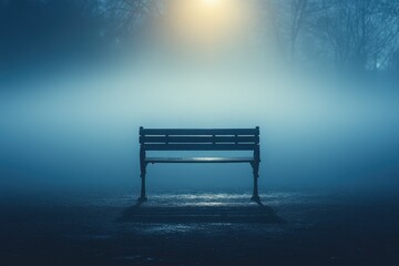 A solitary bench sits in the fog under a single light, creating a mysterious and serene atmosphere.