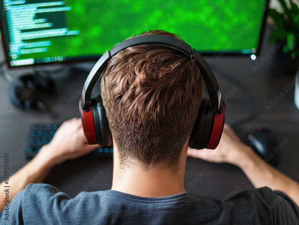 Poster remote programmer working from cozy home office with headphones and green code on screen