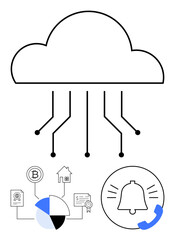 Cloud with connecting lines linked to data pie chart, cryptocurrency, certificates, call alerts. Ideal for technology, innovation, finance, communication analytics blockchain digital trends. Flat