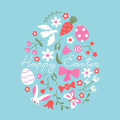 Happy Easter festive banner, card template for holiday. Cute spring egg shape frame with bird, flowers, rabbit
