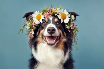 Cute adult dog golden retriever wearing primal flower circlet on its head - symbol of sunny...