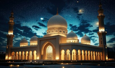 Fototapeta premium A stunning view of Merkhaba Dawn featuring a grand mosque with multiple domes and minarets, beautifully illuminated against a deep blue starry sky at dusk