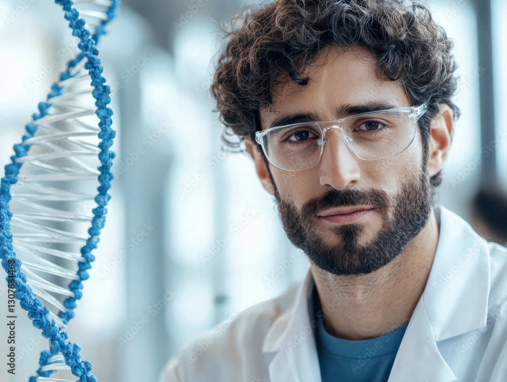 Poster scientist in lab coat examines dna structure with focus and precision in modern laboratory setting