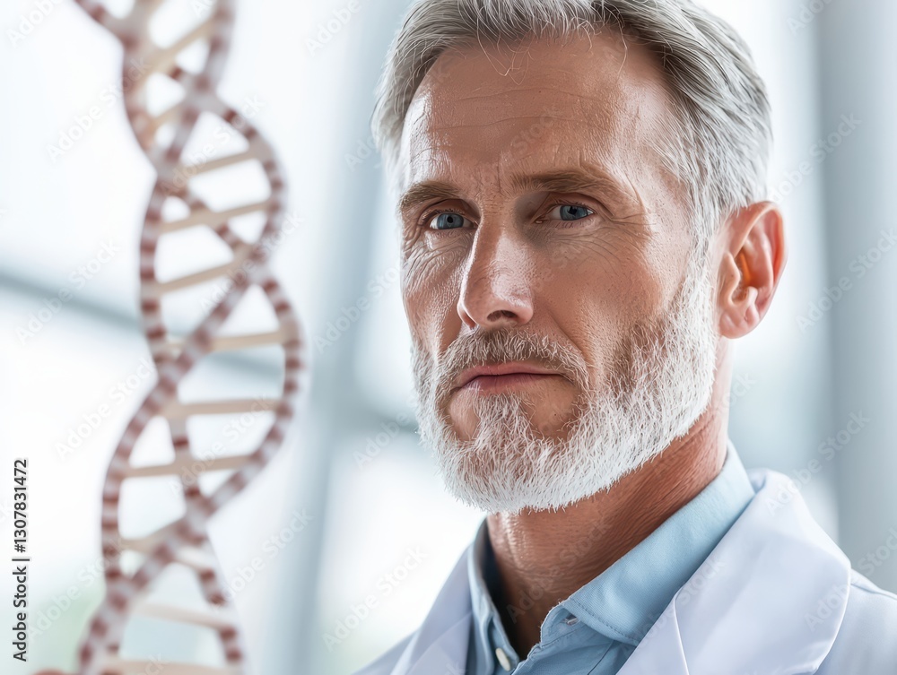 Poster scientist in white lab coat examining dna structure for research and analysis in laboratory setting