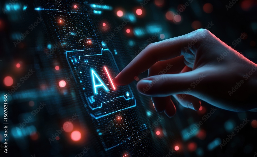 Poster Hand touching ai icon on interactive display with glowing data points