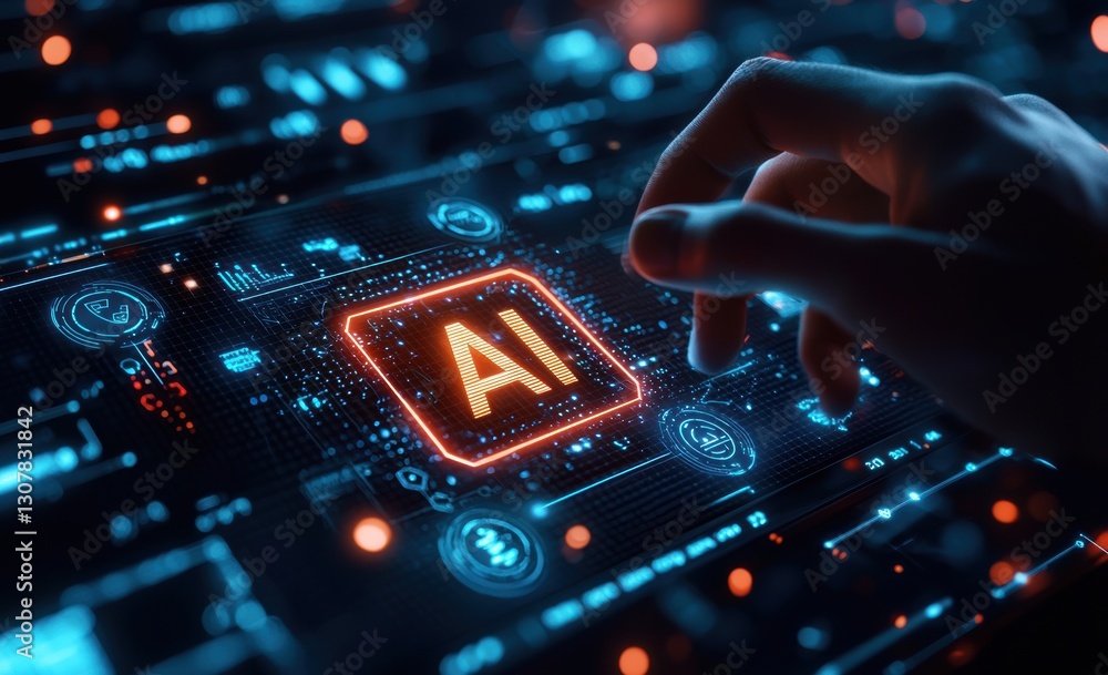Poster Software engineer launching artificial intelligence on futuristic interactive display