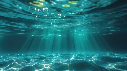 Underwater Scene, Ocean Floor, Sunbeams, Sandy Bottom, Teal Water, Aquatic Background