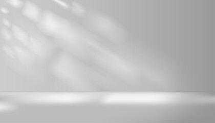 3D studio white background with gray shadows from light passing through the window. Simple room backdrop and floor for product presentation. Abstract patterns, soft gradients and bright colors.