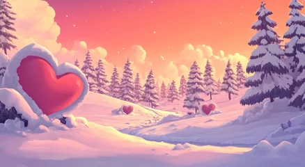 Selbstklebende Fototapeten Romantic winter landscape with heart-shaped decorations © pur