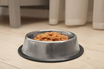 Wet pet food in feeding bowl on floor indoors