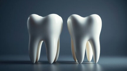Two pristine teeth stand side by side against a beautifully lit backdrop in a dental display