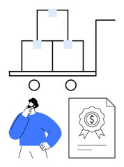 Cart stacked with boxes, person thinking below, certified financial document with a dollar sign. Ideal for supply chain, budgeting, shipping, certification, decision-making, industry logistics
