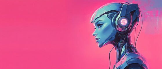 Futuristic cyborg woman with headphones in a vibrant pink environment Concept of artificial intelligence, technology, and science fiction