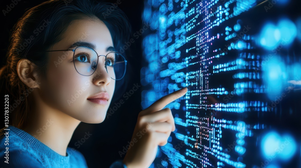Poster young woman engaged in software engineering, analyzing complex algorithms on digital display