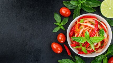 Fresh Papaya Salad with Chili and Lime Dressing on Black Slate Background